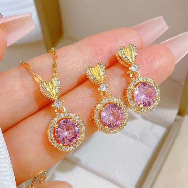 Chaîne en Zircon rose, pendentif en forme de gouttelette d'amour, petit lapin, collier en or jaune 14 carats, boucles d'oreilles, ensembles de bijoux de mariage