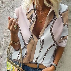 Vintage overhemd met kettingprint en lange mouwen Damestops en blouse voor dames Plus Size Top 5XL Lente 2020