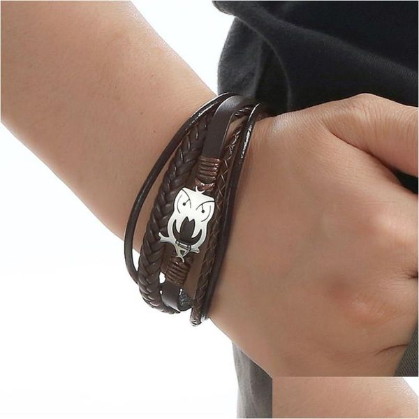 Chaîne Punk en acier inoxydable hibou charme bracelet hommes aimant boucle en cuir tressé bracelets bracelet manchette bijoux livraison directe bijoux B Dhbdv