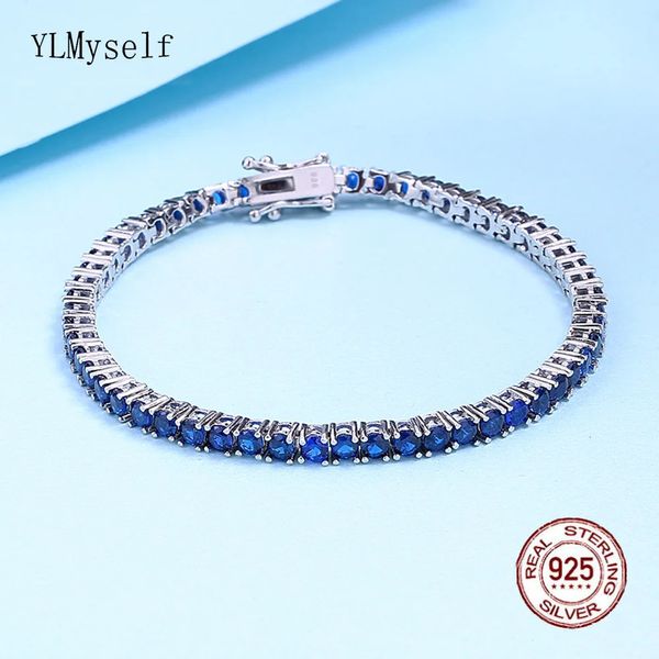 Bracelet de tennis en argent pur, chaîne de 15 à 20 cm, pavé de 3 mm, semi-saphir bleu Montana, beau bijou véritable 925 pour femmes/hommes, 231118