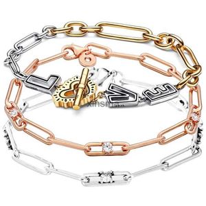 Chaîne Véritable bicolore lettre d'amour coeur Rose lien chaîne pierres Bracelet 925 en argent Sterling Bracelet Fit Europe perle charme bijoux à bricoler soi-même YQ240115