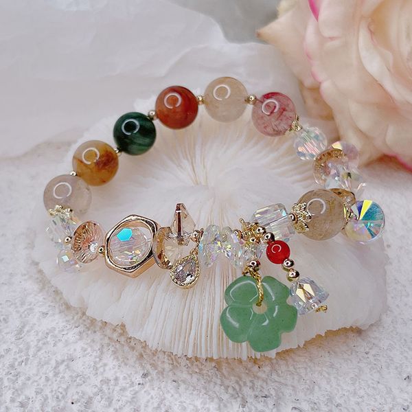 Cadena Ruifan Natural Verde Jade Flor Gota de Agua Colgante Multicolor Cuarzo Rutilado Pulsera Con Cuentas de Cristal Mujeres Joyería Fina YBR572 230506