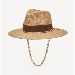 Chaîne épaule Paille du chapeau Fedora Suspended Beach Hat Womens Ptrew Hat With Chain Summer Vacation Panama Hat 240429