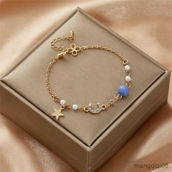 Chaîne Simple lune Zircon perle Bracelet pour femmes dames mignon élégant exquis brillant lien chaîne Bracelet charme bijoux R231025