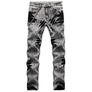 Chaîne Slim Fit Jeans Pantalons Hommes Punk Rock Club Party Dance Masculina Jeans Streetwear Noir Blanc Lavé Jeans Hommes Designer X0621