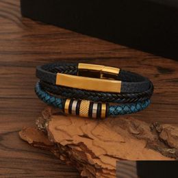 Chaîne en acier inoxydable Bracelet pour hommes Mtilayer tressé à la main en cuir boucle magnétique Bracelets bracelet manchette bracelet mode Jewe Dhbmt