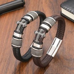 Chaîne en acier inoxydable bracelets croisés avec charmes Chakra hommes noir / Brwon bracelet en cuir mâle tressé multicouche mode en gros 231118