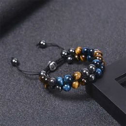 Bracelet en pierre de chaîne pour hommes et femmes, traitement de pierre naturelle, hématite, agate noire, bracelet à double rangée, bracelet de perles de yoga réglable Q240401