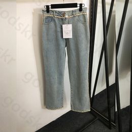 Chaîne jambe droite jean femmes broderie pantalon en Denim ample ceinture décontractée Denim doux bébé bleu jean pantalon