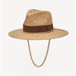 Cadena Strap Straw Fedora Fedora Sombreros de playa embellecidos con cadena para mujeres Sol tejido de paja Summer Holidaty Panamá Gat 240412