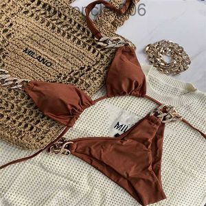 Conjunto de Bikini con cadena para mujer, traje de baño liso con realce, traje de baño de dos piezas, ropa de playa para vacaciones, trajes de baño en 4 colores USQY