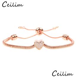 Chaîne À La Mode Réglable Coeur Charme Bracelets Bracelets Pour Femmes Or Rose Sier Couleur Cubique Zircone Mode Fête Bijoux Cadeaux Drop Dhwqa