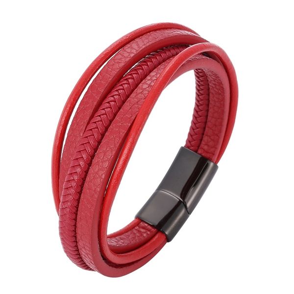 Chaîne À La Mode Rouge En Cuir Bracelets Hommes En Acier Inoxydable Multicouche Tressé Corde Bracelets pour Homme Femme Bracelet Bijoux Cadeaux SP1076 230711