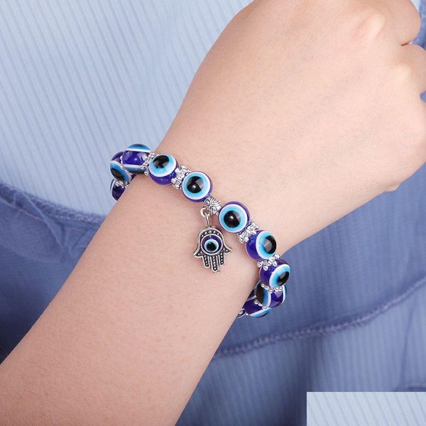 Chaîne Turquie Evil Blue Eyes Bracelets Perlés Hamsa Main Charme Bracelet Élastique Bracelets En Gros Bijoux Drop Delivery Dhbz9