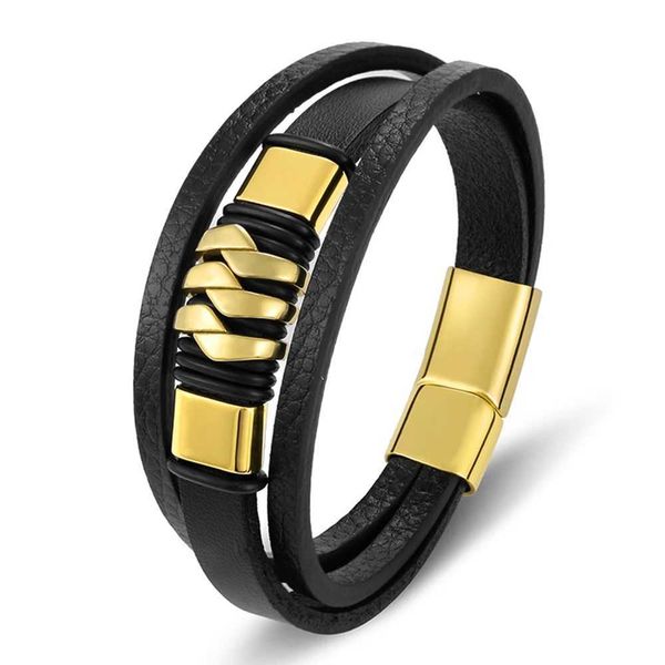 Chain Tyo Fashion Multi-couche Générette en cuir Bracelets en cuir en acier inoxydable à carreaux or bijoux de godet magnétique directe Expédition directe en gros Q240401