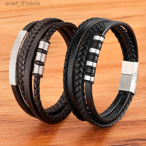 Cadena TYO, gran oferta, pulseras de cuero trenzadas ltilayer Wr para hombres, cierre de abalorio de acero inoxidable, brazaletes hechos a mano de roca GiftL231115