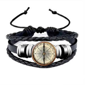 Chaîne Vintage Compass Picture Glass Dome Bouton Snap Bracelet Bracelets en cuir tissé multicouche pour hommes Boys Y240420