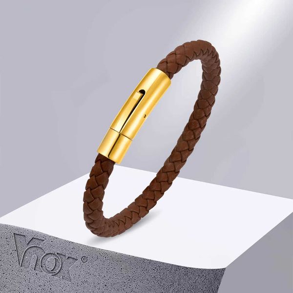 Chaîne Vnox 6mm Blanc Marron Bracelets en cuir tressé pour femmes Hommes Bracelet unisexe avec fermoir en acier inoxydable Bracelet en cordon tissé Q240401