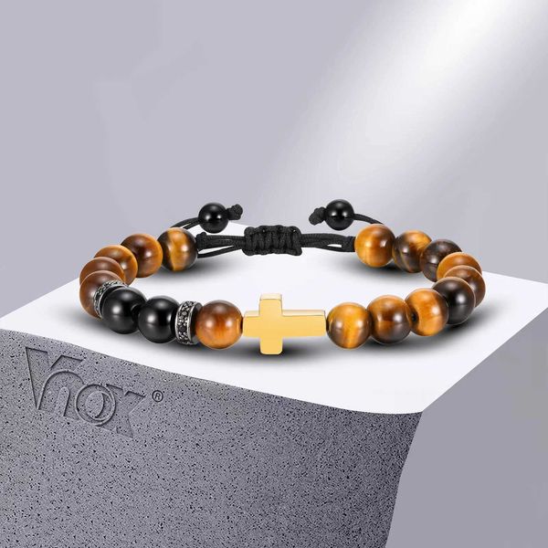 Chaîne Vnox 8mm Oeil de Tigre Pierre Bracelets Perlés pour Hommes Garçons Plaqué Or Croix Charme Bracelet Foi Prière Bijoux Q240401