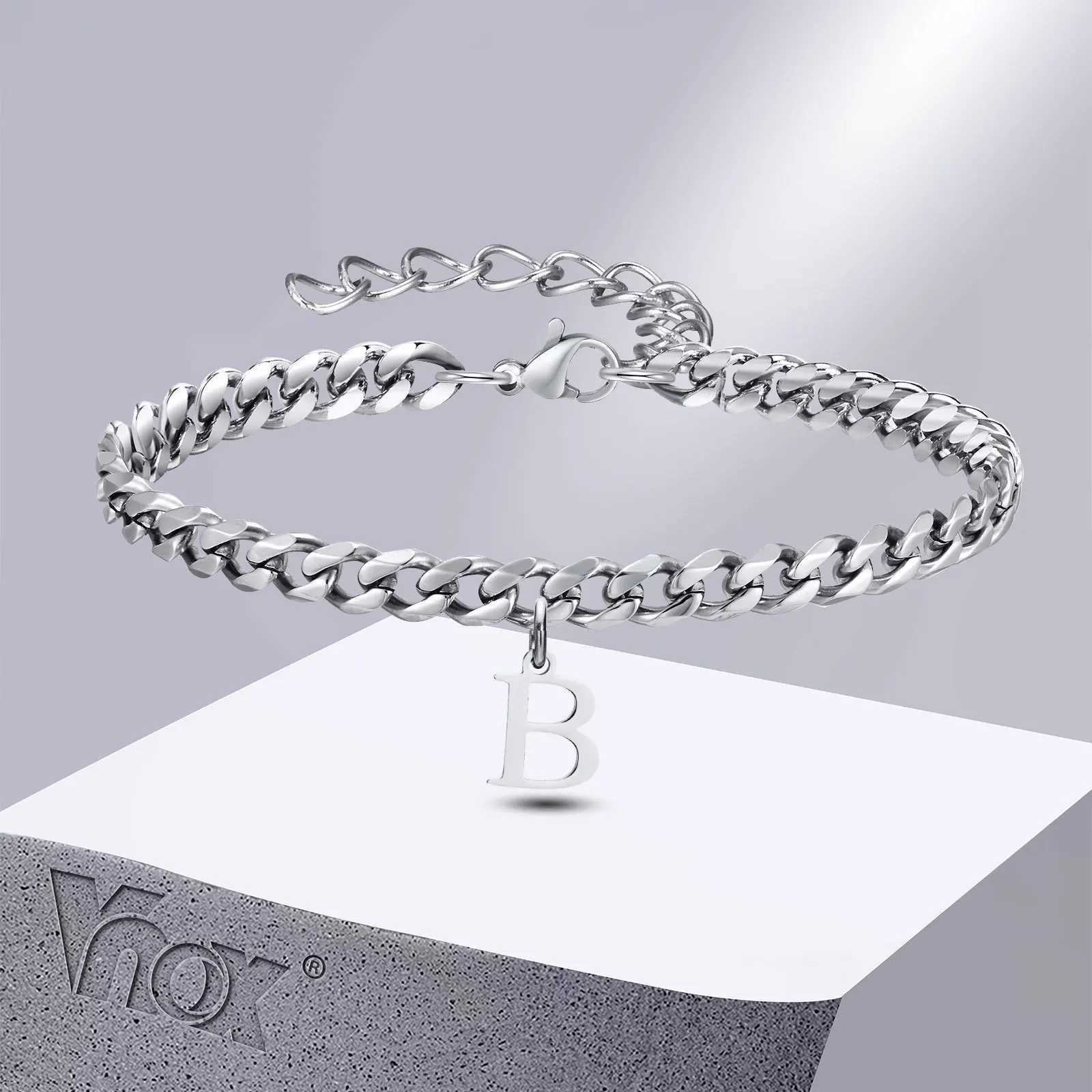 Chain Vnox A-Z Mens Initial Bracelet Never Fading Silver Stainless Steel Cuban Chain Bracelet with 26 Letters Q240401