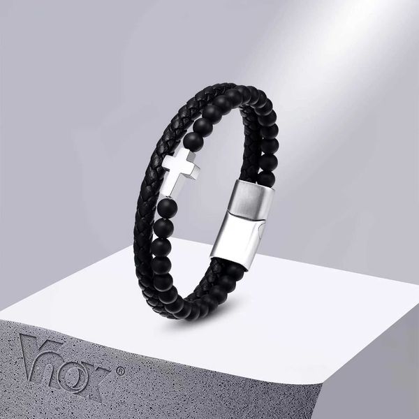 Chaîne Vnox Cross Bracelets pour hommes garçons naturel noir pierre perlée bracelet tressé PU cuir bracelet religieux Christ bijoux Q240401