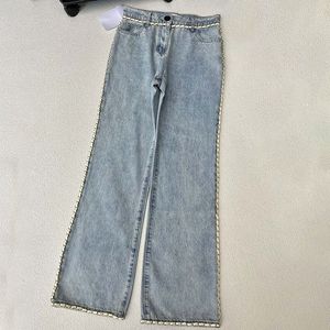 Damesjeans met kettingtaille Lichtblauwe damesdenimjeansbroek Luxe designer Jean-broek met rechte pijpen