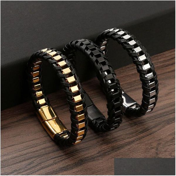 Chaîne en gros bracelet en acier inoxydable pour hommes bracelets en cuir boucle magnétique livraison directe bijoux Dhzjq