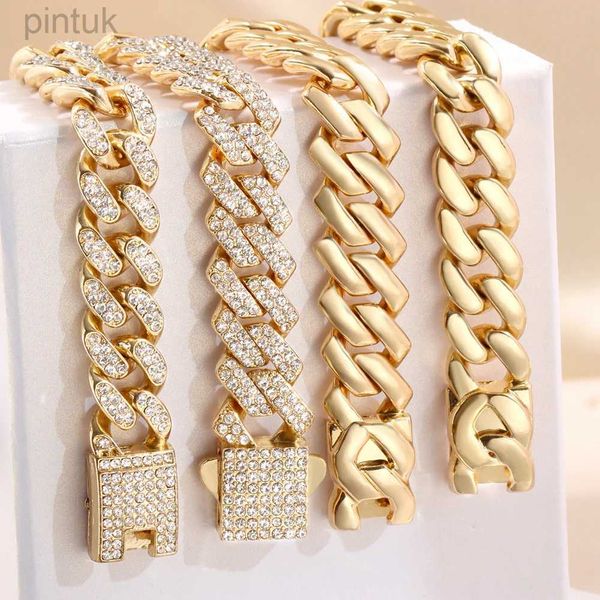 Chaîne Femmes Bracelet de chaîne cubaine Hiphop Bling Iced Out Chain Gold Silver Color Rhingestone Pavé Bracelet métallique Chunky Men Bijoux Gift D240419