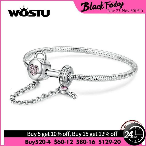 Chaîne WOSTU 100% 925 argent Sterling coeur clé chaîne de sécurité Bracelets rose Zircon charme bracelet pour femmes argent 925 bijoux CQB143 231201