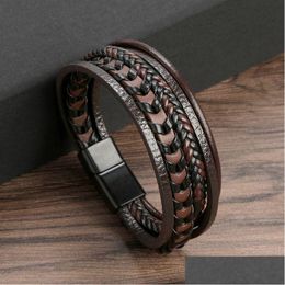 Chain Wrap Mti-Layer Lederen Koord Gevlochten Armband Roestvrij Staal Magnetische Gesp Armbanden Bangle Cuff Polsband Street Fashion Jood Dhhif