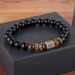 Chaîne XQNI Mat Onyx Pierre Oeil de Tigre Combinaison Couture avec Zircon Cubique Main Bijoux Perles Bracelet Élastique Stretch Hommes BraceletL231115