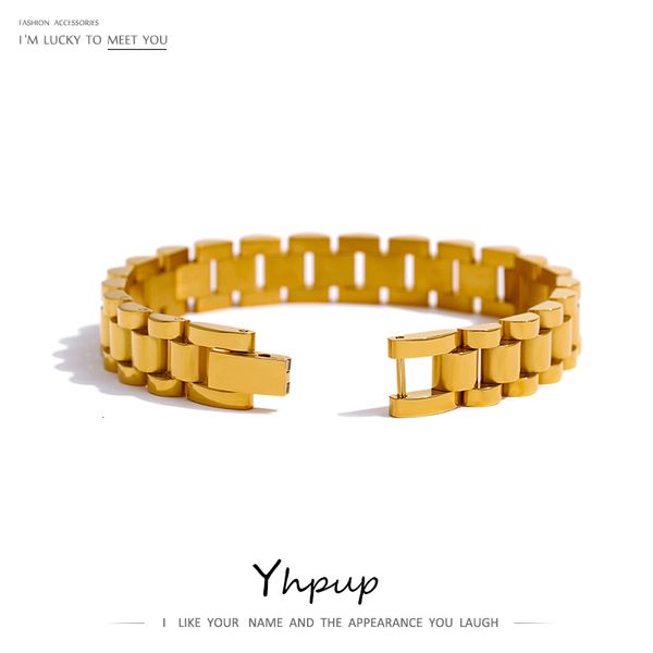 Chaîne Yhpup Bracelet En Acier Inoxydable Simple 18 K Plaqué Heavy Metal Texture Bijoux De Mode Bijoux Femme Cadeau De Fête Étanche 230511