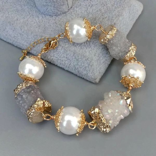 Chaîne YYGEM coquille de mer blanche Quartz blanc naturel Druzy pierre perle Wrap Bracelet 8 