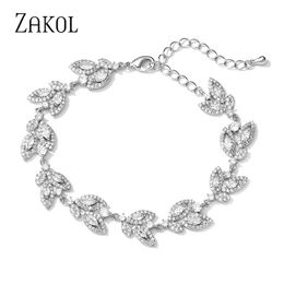 Ketting ZAKOL Prachtige AAA Zirconia Charm Chain Link Armbanden Armbanden voor Elegante Vrouwen Luxe Blad Bruids Bruiloft Sieraden 230616
