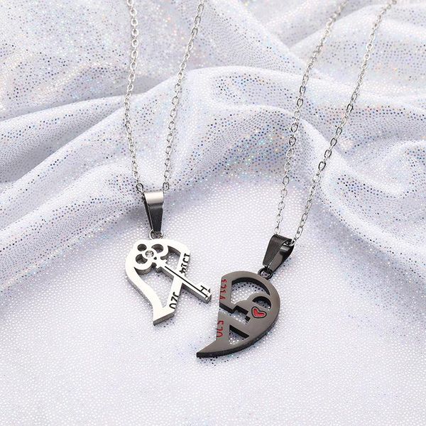 Chaînes 1 Paire Couple Collier Clé Médaillon Double Couleur Amoureux Bijoux Cadeaux Pendentif Coeur Brisé Cadeau