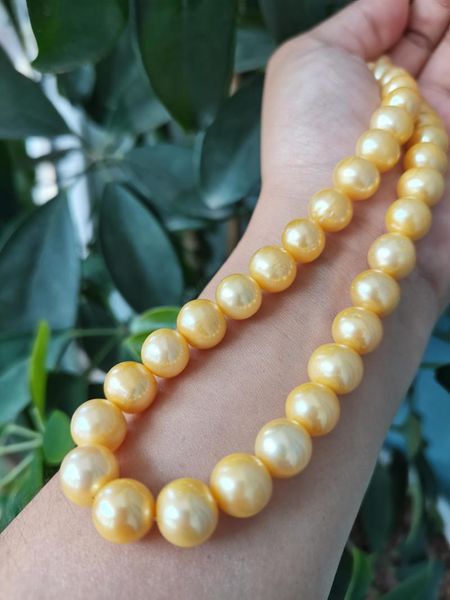 Chaînes 10-11mm naturel véritable rond tahitien or collier de perles 14K cadeaux de bijoux fins