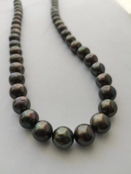 Chaînes 10-11mm naturel véritable rond tahitien collier de perles noires 14k or bijoux fins cadeaux