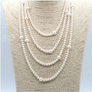 Chaînes 100 pouces 7-8mm collier de perles blanches Akoya japonaises fermoir en or pur 14k