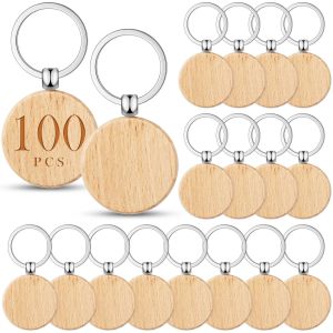 Chaines 100 pièces Round Wood Keychain Blanks DIY BLANCES en bois en bois Blanks Clé de clé en bois inachevé