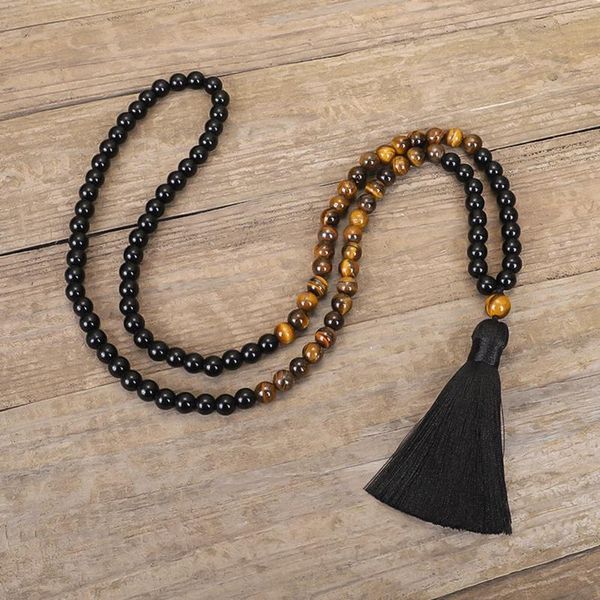 Chaînes 108 perles Mala noir obsidienne collier de perles oeil de tigre pendentif chakra yoga amitié guérison équilibre