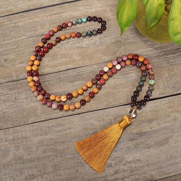 Correntes 108 Mala Beads Pulseira Mookaite Jasper Frisado Colar Preto Obsidian Africano Turquesa Borla Pingente Cura Equilíbrio