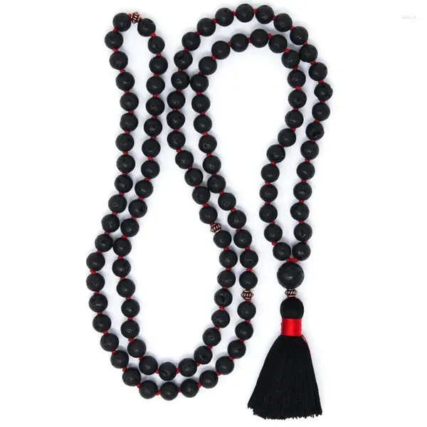 Chaînes 108 perles Mala Collier de pierre de lave Japa Bouddhiste Prière Yoga Bijoux Spirituel Noir Gland