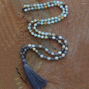 Kettingen 108 Sterren Cut Amazonite en Labradorite ketting mala kralen met de hand geknoopt met de hand met lange kwikjuwelen