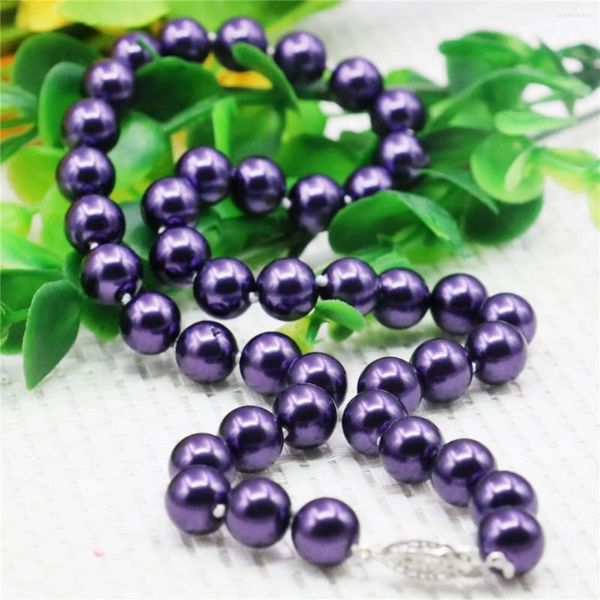 Chaînes 10mm rond violet foncé perle coquille collier femmes fille fait à la main bijoux fabrication design mode accessoire mères cadeaux