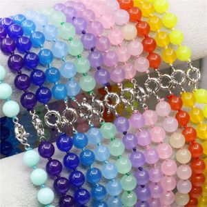 Chaînes 10mm Rond Multicolore Bleu Violet Rose Jaune Orange Vert Jades Calcédoine Pierre Collier DIY Naturel Femmes Fille Fabrication de Bijoux