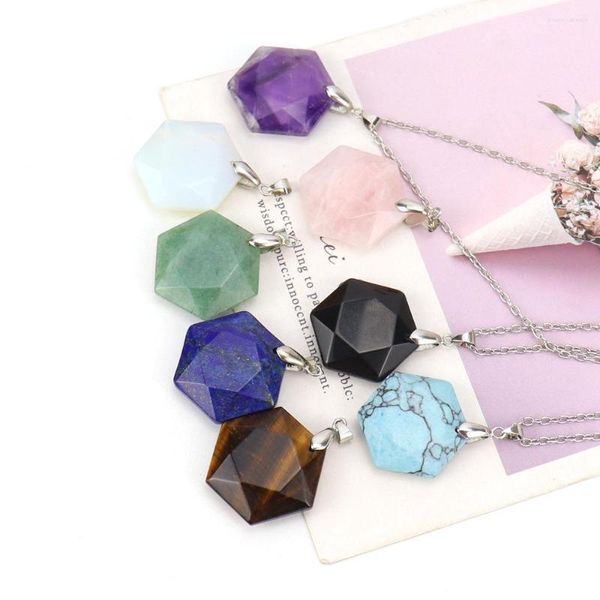 Cadenas 10 piezas collar de piedra curativa Natural Chakra Reiki facetado Ojo de tigre Hexagonal Amethy rosa cristal de cuarzo para Mujeres Hombres joyería