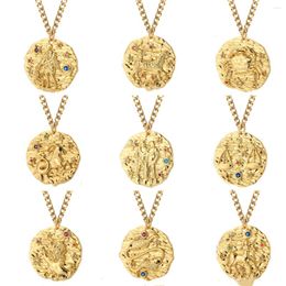Chaines 12 Constellation Gold Color Amulet Collier de monnaie vintage pour le pendentif en cuivre de la femme Pave CZ Colliers punk tendus