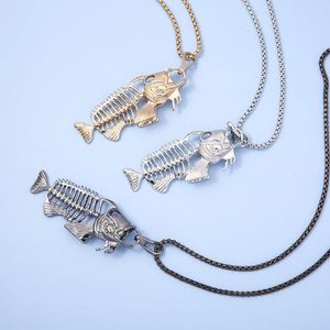 Kettingen 12 stuks/lot vis bot hang ketting ketting vissen haak skelet skelet zilveren goud kleur zwarte ketting voor vrouwen mannen charm choker sieraden