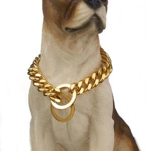 Kettingen 1215 mm brede hoogwaardige veiligheid Pet Pet Supplies ketting Choker Gold Tone roestvrij staal Cuban Curb Link Chain Dog Collar 123595835