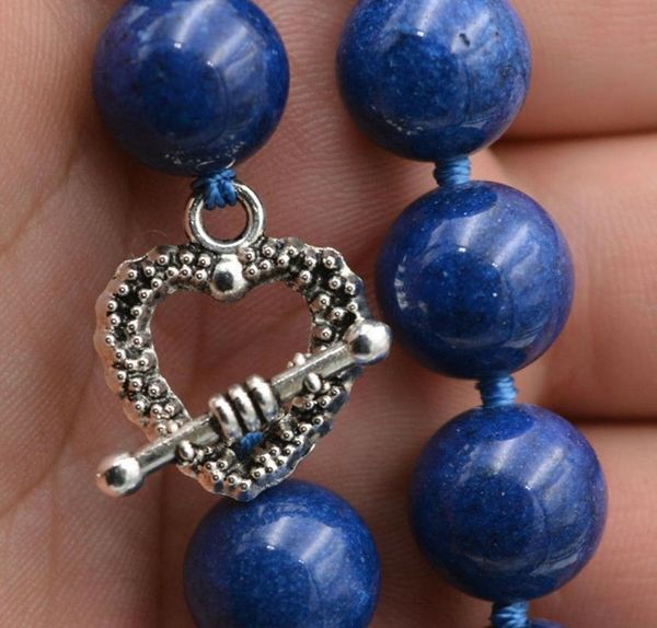 Cadenas 12 mm Natural Lapis Lazuli Gems Beads Collar 16-25 '' Plata tibetana Love ClaspChains